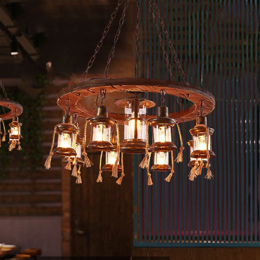9 Lights Chandelier Lighting Lantern Rustic Brown Metal Pendant Light Fixture for Restaurant with Wood Ring Deco Clearhalo 'Cast Iron' 'Ceiling Lights' 'Chandeliers' 'Industrial Chandeliers' 'Industrial' 'Metal' 'Middle Century Chandeliers' 'Rustic Chandeliers' 'Tiffany' Lighting' 315371