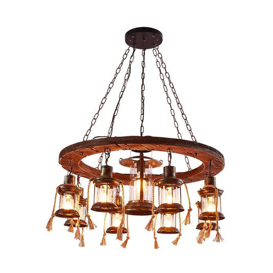 9 Lights Chandelier Lighting Lantern Rustic Brown Metal Pendant Light Fixture for Restaurant with Wood Ring Deco Clearhalo 'Cast Iron' 'Ceiling Lights' 'Chandeliers' 'Industrial Chandeliers' 'Industrial' 'Metal' 'Middle Century Chandeliers' 'Rustic Chandeliers' 'Tiffany' Lighting' 315372