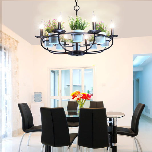 Metal Black Chandelier Light Candle 6/8 Lights Vintage Style Hanging Ceiling Fixture with Flowerpot Deco 8 Black Clearhalo 'Cast Iron' 'Ceiling Lights' 'Chandeliers' 'Industrial Chandeliers' 'Industrial' 'Metal' 'Middle Century Chandeliers' 'Rustic Chandeliers' 'Tiffany' Lighting' 315387