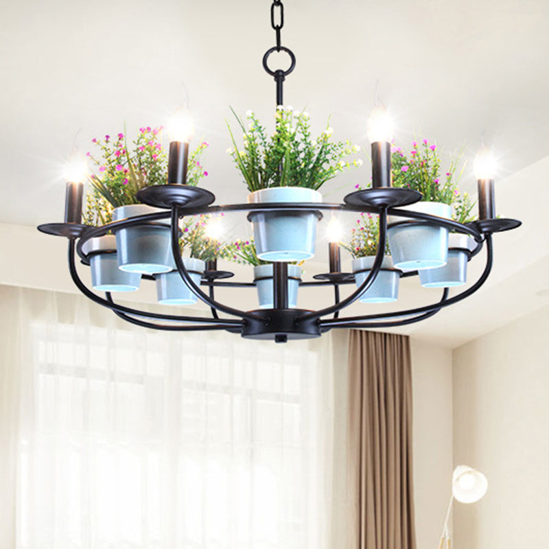 Metal Black Chandelier Light Candle 6/8 Lights Vintage Style Hanging Ceiling Fixture with Flowerpot Deco Clearhalo 'Cast Iron' 'Ceiling Lights' 'Chandeliers' 'Industrial Chandeliers' 'Industrial' 'Metal' 'Middle Century Chandeliers' 'Rustic Chandeliers' 'Tiffany' Lighting' 315388