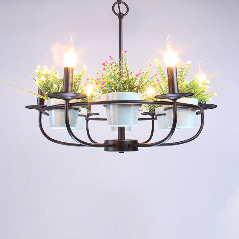 Metal Black Chandelier Light Candle 6/8 Lights Vintage Style Hanging Ceiling Fixture with Flowerpot Deco 6 Black Clearhalo 'Cast Iron' 'Ceiling Lights' 'Chandeliers' 'Industrial Chandeliers' 'Industrial' 'Metal' 'Middle Century Chandeliers' 'Rustic Chandeliers' 'Tiffany' Lighting' 315390