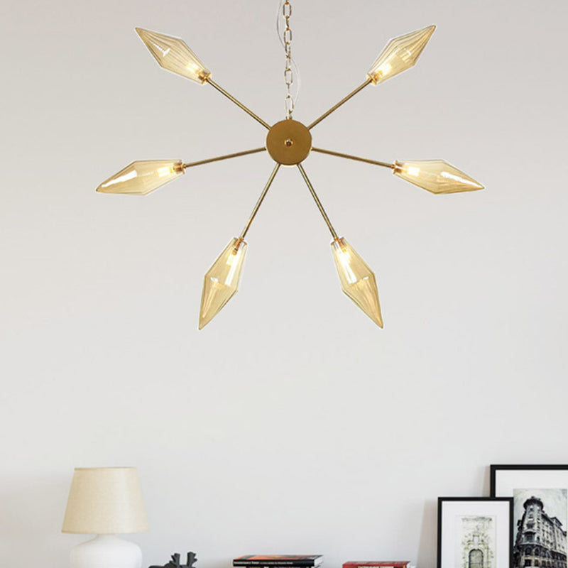 6/9/12 Lights Chandelier Lamp Industrial Sputnik Amber/Clear Glass Ceiling Light Fixture in Black/Copper/Chrome 6 Gold Amber Clearhalo 'Ceiling Lights' 'Chandeliers' 'Glass shade' 'Glass' 'Industrial Chandeliers' 'Industrial' 'Middle Century Chandeliers' 'Pendant Lights' 'Tiffany' Lighting' 315426