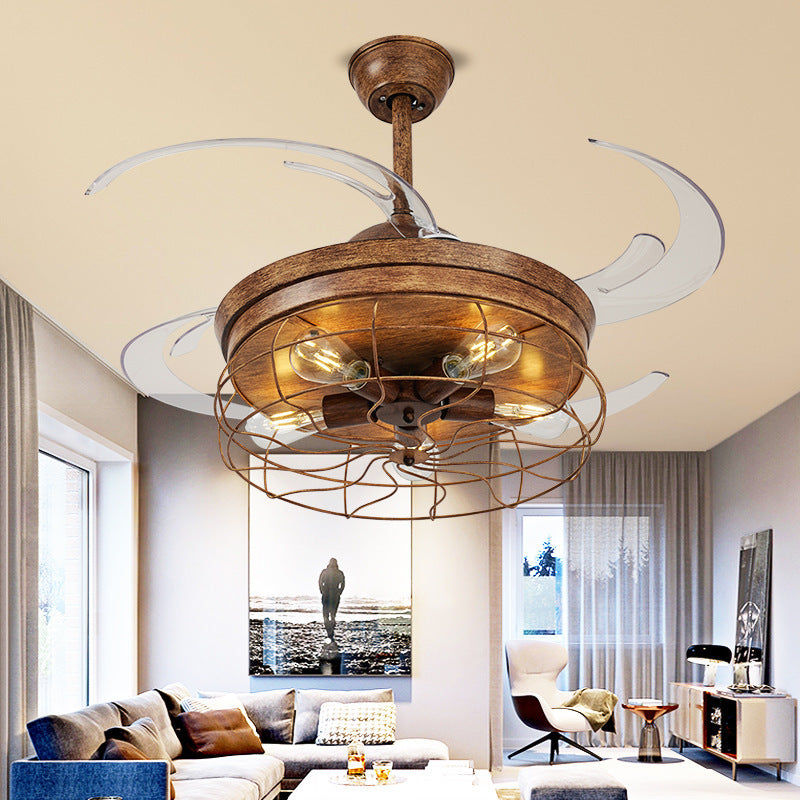 5 Lights Caged Ceiling Fan Lamp Traditional Style Rust Metal Semi Flush Mount Lighting Clearhalo 'Ceiling Fans with Lights' 'Ceiling Fans' Lighting' 315443