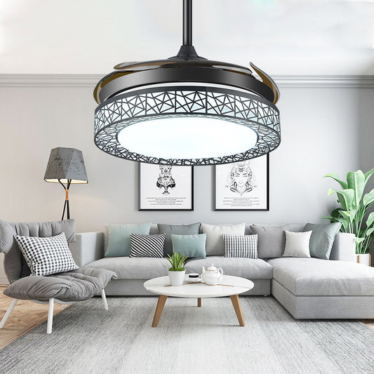 Circle Metal Ceiling Fan Lamp Traditional 16"/19.5" Wide LED Semi Flush Light Fixture in Black, Remote Control/Remote Control and Frequency Conversion Black Clearhalo 'Ceiling Fans with Lights' 'Ceiling Fans' Lighting' 315454