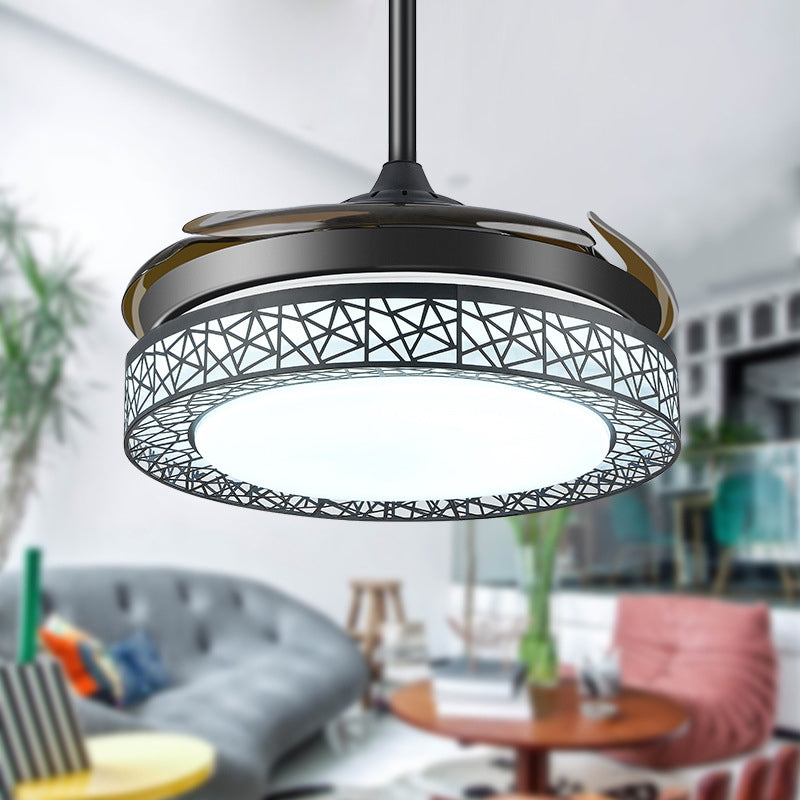 Circle Metal Ceiling Fan Lamp Traditional 16"/19.5" Wide LED Semi Flush Light Fixture in Black, Remote Control/Remote Control and Frequency Conversion Clearhalo 'Ceiling Fans with Lights' 'Ceiling Fans' Lighting' 315455