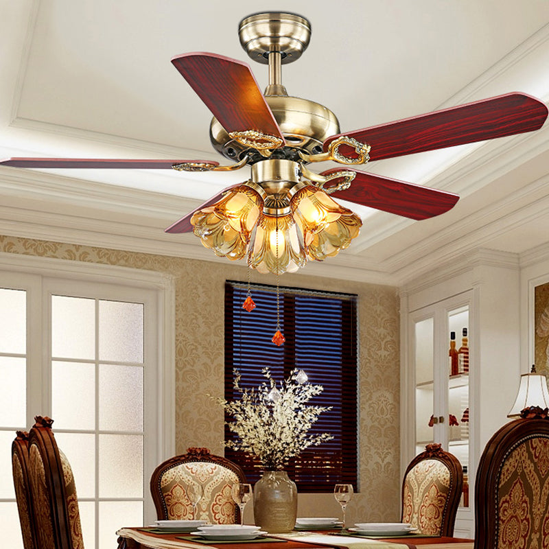 Amber Glass Floral Shade Ceiling Fan Lighting Traditional Stylish 3 Lights Dining Room Semi Flush Light in Gold Gold Clearhalo 'Ceiling Fans with Lights' 'Ceiling Fans' Lighting' 315494