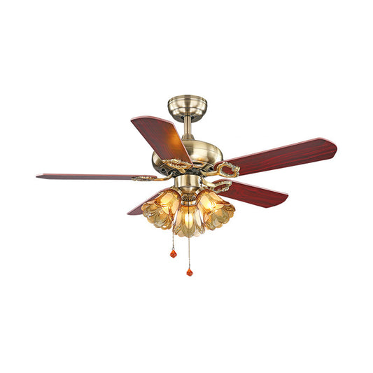 Amber Glass Floral Shade Ceiling Fan Lighting Traditional Stylish 3 Lights Dining Room Semi Flush Light in Gold Clearhalo 'Ceiling Fans with Lights' 'Ceiling Fans' Lighting' 315495