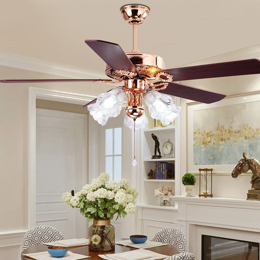 5 Lights Ceiling Fan Lamp Vintage Blossom Textured Glass Semi Flush Mount Light in Gold for Living Room, Pull Chain/Remote Control Gold Clearhalo 'Ceiling Fans with Lights' 'Ceiling Fans' Lighting' 315496