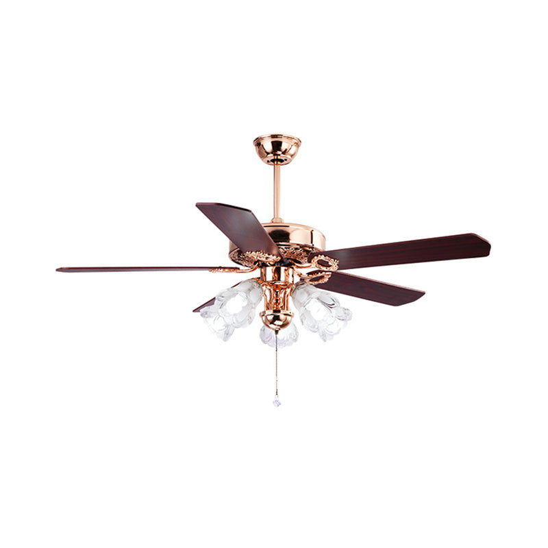 5 Lights Ceiling Fan Lamp Vintage Blossom Textured Glass Semi Flush Mount Light in Gold for Living Room, Pull Chain/Remote Control Clearhalo 'Ceiling Fans with Lights' 'Ceiling Fans' Lighting' 315497