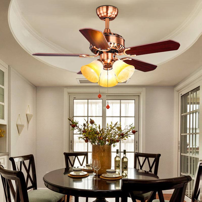 3 Lights Dining Room Ceiling Fan Lamp Classic Brass Semi Flush with Bell Sandblasted Glass Shade Brass Clearhalo 'Ceiling Fans with Lights' 'Ceiling Fans' Lighting' 315498