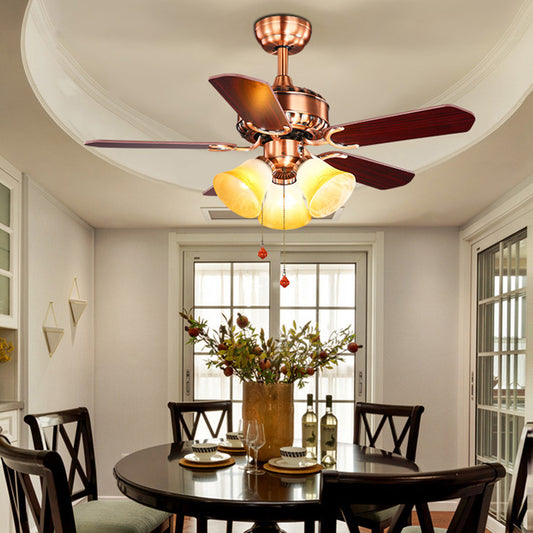 3 Lights Dining Room Ceiling Fan Lamp Classic Brass Semi Flush with Bell Sandblasted Glass Shade Brass Clearhalo 'Ceiling Fans with Lights' 'Ceiling Fans' Lighting' 315498