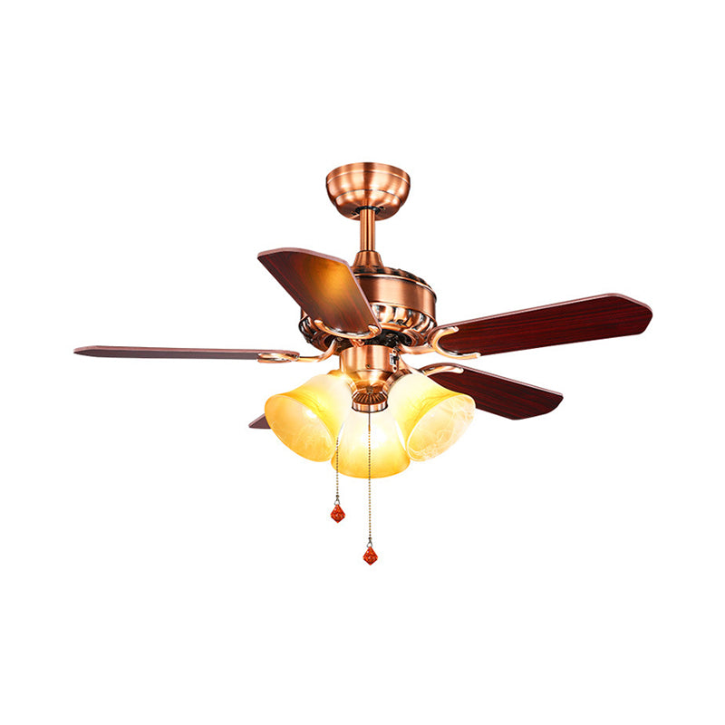 3 Lights Dining Room Ceiling Fan Lamp Classic Brass Semi Flush with Bell Sandblasted Glass Shade Clearhalo 'Ceiling Fans with Lights' 'Ceiling Fans' Lighting' 315500
