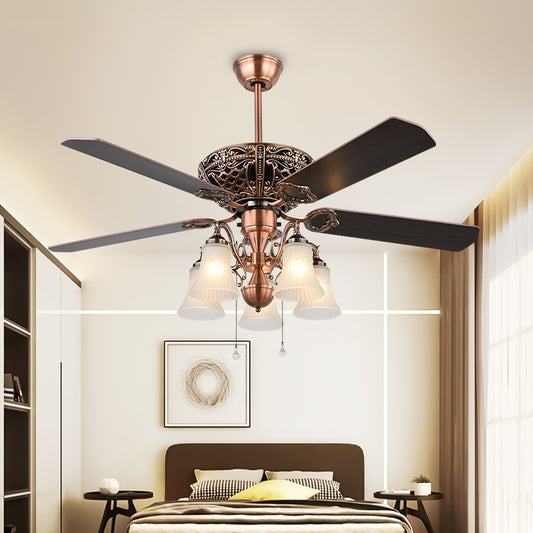 Bell Frosted Glass Ceiling Fan Classic Stylish 5 Lights Bedroom Semi Flush Lighting in Brown Brown Clearhalo 'Ceiling Fans with Lights' 'Ceiling Fans' Lighting' 315503