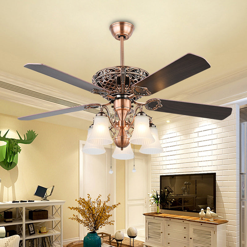 Bell Frosted Glass Ceiling Fan Classic Stylish 5 Lights Bedroom Semi Flush Lighting in Brown Clearhalo 'Ceiling Fans with Lights' 'Ceiling Fans' Lighting' 315504