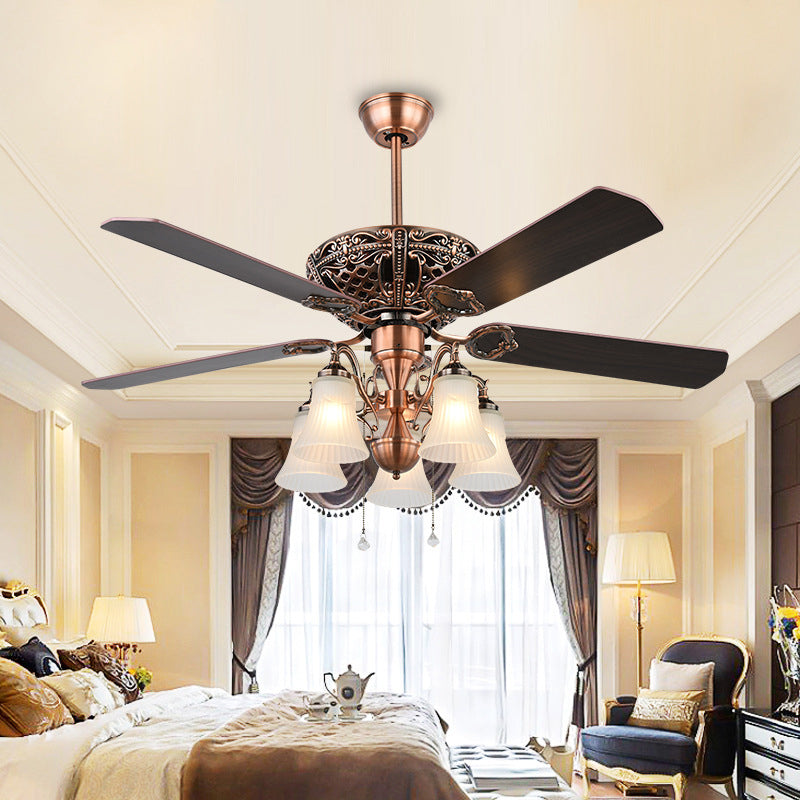 Bell Frosted Glass Ceiling Fan Classic Stylish 5 Lights Bedroom Semi Flush Lighting in Brown Clearhalo 'Ceiling Fans with Lights' 'Ceiling Fans' Lighting' 315505