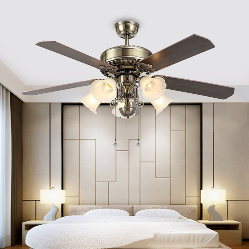 5 Lights Dining Room Ceiling Fan Classic Silver Semi Flush with Flared Frosted Glass Shade Silver Clearhalo 'Ceiling Fans with Lights' 'Ceiling Fans' Lighting' 315530