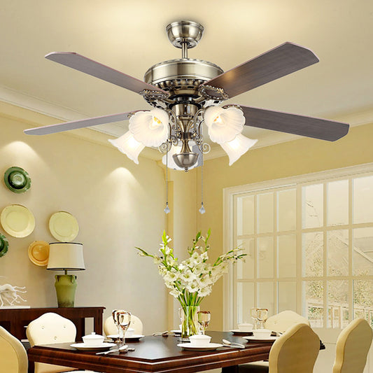 5 Lights Dining Room Ceiling Fan Classic Silver Semi Flush with Flared Frosted Glass Shade Clearhalo 'Ceiling Fans with Lights' 'Ceiling Fans' Lighting' 315531