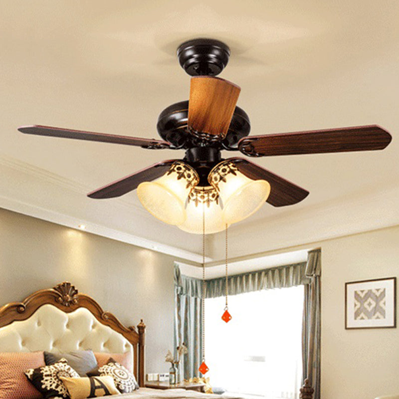 Bell Bedroom Ceiling Fan Traditional Frosted Glass 3 Heads Red Brown Semi Flush Light, Pull Chain/Remote Control Red Brown Clearhalo 'Ceiling Fans with Lights' 'Ceiling Fans' Lighting' 315540
