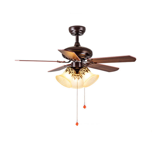 Bell Bedroom Ceiling Fan Traditional Frosted Glass 3 Heads Red Brown Semi Flush Light, Pull Chain/Remote Control Clearhalo 'Ceiling Fans with Lights' 'Ceiling Fans' Lighting' 315541