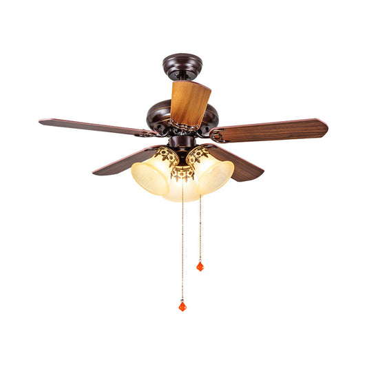 Bell Bedroom Ceiling Fan Traditional Frosted Glass 3 Heads Red Brown Semi Flush Light, Pull Chain/Remote Control Clearhalo 'Ceiling Fans with Lights' 'Ceiling Fans' Lighting' 315542