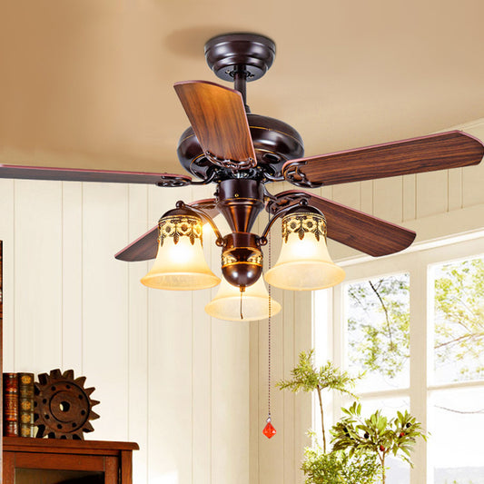 42.5"/52" W Dark Wood 3/5 Lights Ceiling Fan Light Classic Frosted Glass Bell Shade Semi-Flush Mount, Pull Chain/Remote Control Dark Wood 42.5" Clearhalo 'Ceiling Fans with Lights' 'Ceiling Fans' Lighting' 315543