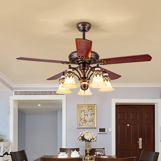 42.5"/52" W Dark Wood 3/5 Lights Ceiling Fan Light Classic Frosted Glass Bell Shade Semi-Flush Mount, Pull Chain/Remote Control Dark Wood 52" Clearhalo 'Ceiling Fans with Lights' 'Ceiling Fans' Lighting' 315545