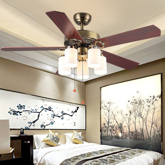 Metal Cylinder Ceiling Fan Lamp Traditional 5 Lights Living Room Semi Flush Lighting in White/Yellow, Pull Chain/Remote Control White Clearhalo 'Ceiling Fans with Lights' 'Ceiling Fans' Lighting' 315547