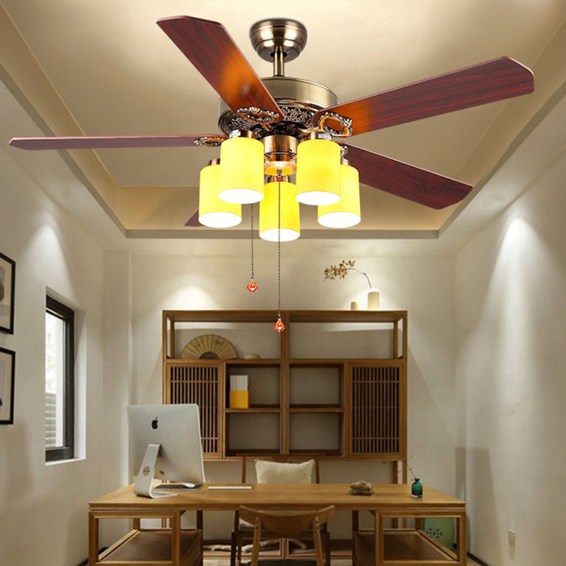 Metal Cylinder Ceiling Fan Lamp Traditional 5 Lights Living Room Semi Flush Lighting in White/Yellow, Pull Chain/Remote Control Yellow Clearhalo 'Ceiling Fans with Lights' 'Ceiling Fans' Lighting' 315549