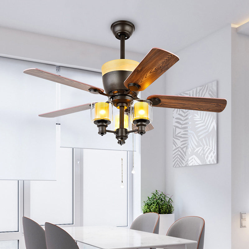 Classic Cylinder Ceiling Fan 3 Heads Metal Semi Flush Mount Light Fixture in Black for Dining Room Black Clearhalo 'Ceiling Fans with Lights' 'Ceiling Fans' Lighting' 315554