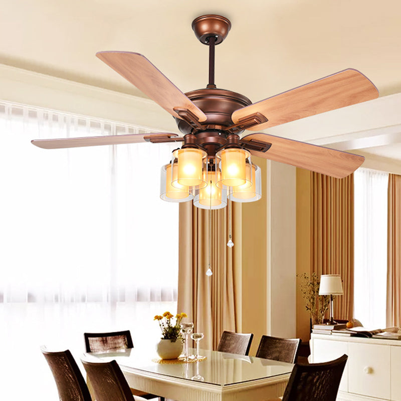 5 Heads Ceiling Fan Lighting Vintage Cylinder Metal Semi Flush in Red Brown for Kitchen Red Brown Clearhalo 'Ceiling Fans with Lights' 'Ceiling Fans' Lighting' 315561