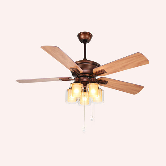 5 Heads Ceiling Fan Lighting Vintage Cylinder Metal Semi Flush in Red Brown for Kitchen Clearhalo 'Ceiling Fans with Lights' 'Ceiling Fans' Lighting' 315563