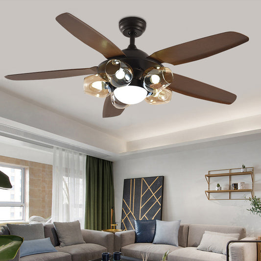 5 Lights Kitchen Ceiling Fan Traditional Brown Semi Flush Light Fixture with Bubble Amber Glass Shade, Remote Control/Wall Control Brown Clearhalo 'Ceiling Fans with Lights' 'Ceiling Fans' Lighting' 315564
