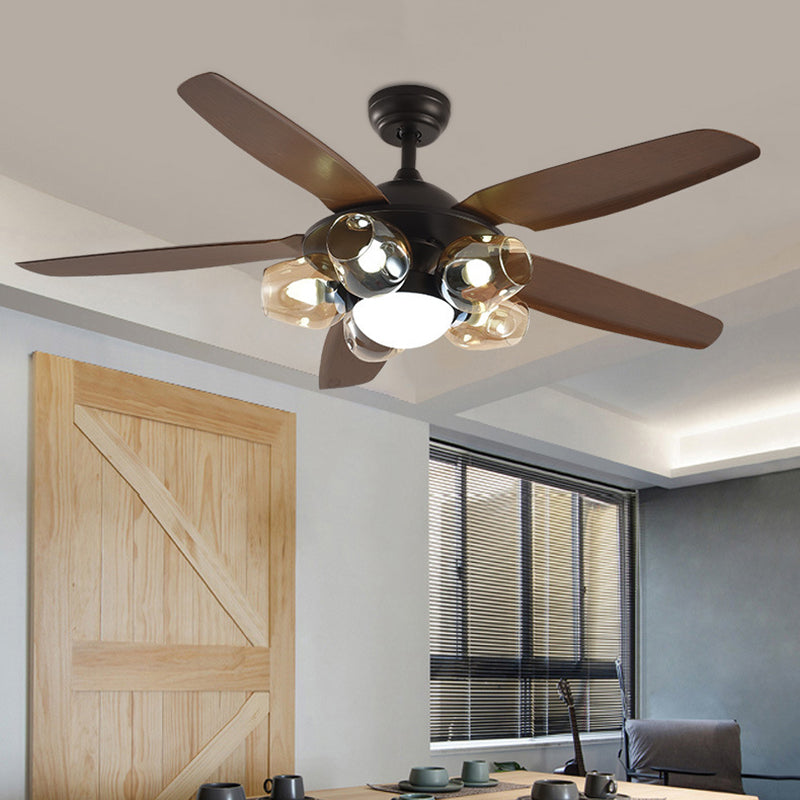 5 Lights Kitchen Ceiling Fan Traditional Brown Semi Flush Light Fixture with Bubble Amber Glass Shade, Remote Control/Wall Control Clearhalo 'Ceiling Fans with Lights' 'Ceiling Fans' Lighting' 315565