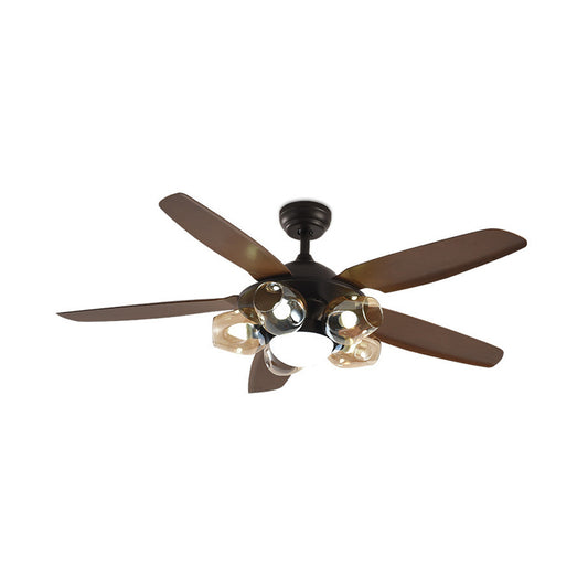 5 Lights Kitchen Ceiling Fan Traditional Brown Semi Flush Light Fixture with Bubble Amber Glass Shade, Remote Control/Wall Control Clearhalo 'Ceiling Fans with Lights' 'Ceiling Fans' Lighting' 315566
