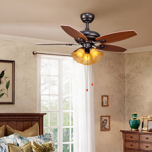 3 Lights Ribbed Glass Ceiling Fan Light Classic Brown Scalloped Bedroom Semi Flush Lighting, Pull Chain/Remote Control Clearhalo 'Ceiling Fans with Lights' 'Ceiling Fans' Lighting' 315568