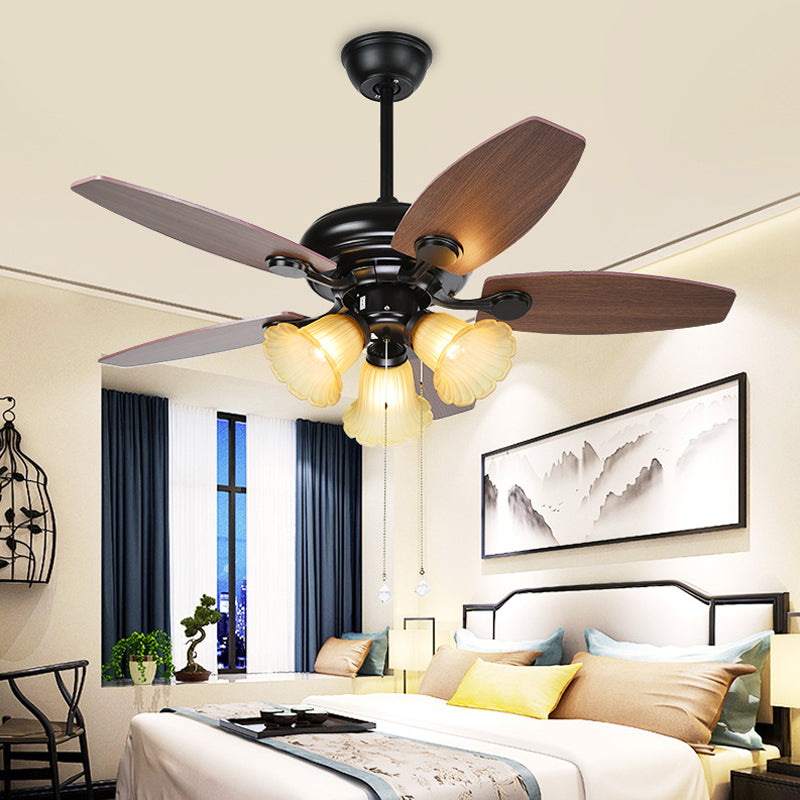 Flower Frosted Glass Ceiling Fan Lamp Traditional 3 Lights Kitchen Semi Flush Mount in Brown Brown Clearhalo 'Ceiling Fans with Lights' 'Ceiling Fans' Lighting' 315570