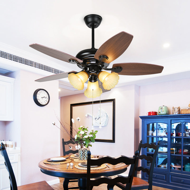 Flower Frosted Glass Ceiling Fan Lamp Traditional 3 Lights Kitchen Semi Flush Mount in Brown Clearhalo 'Ceiling Fans with Lights' 'Ceiling Fans' Lighting' 315572