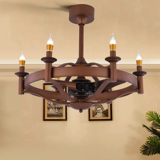 Vintage Candle Ceiling Fan Lamp 6 Lights Metal Semi Flush Light in Brown for Bedroom Clearhalo 'Ceiling Fans with Lights' 'Ceiling Fans' Lighting' 315595