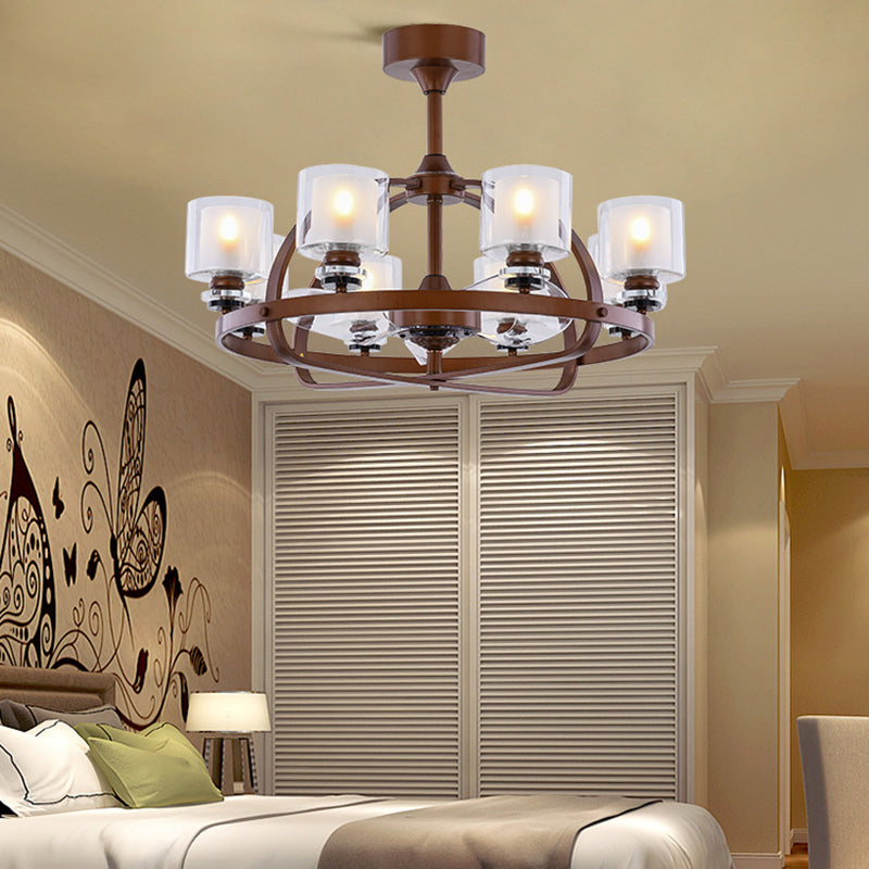 8 Heads Cylinder Ceiling Fan Lighting Traditional Brown Metal Semi Flush for Bedroom Brown Clearhalo 'Ceiling Fans with Lights' 'Ceiling Fans' Lighting' 315597