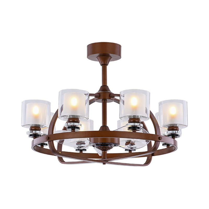 8 Heads Cylinder Ceiling Fan Lighting Traditional Brown Metal Semi Flush for Bedroom Clearhalo 'Ceiling Fans with Lights' 'Ceiling Fans' Lighting' 315599