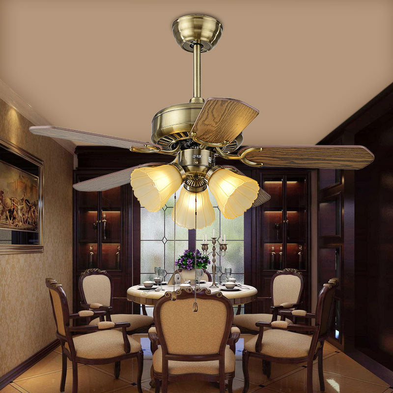 Brass Petal Ceiling Fan Lighting Classic Style Opal Glass 3 Lights Kitchen Semi Flush, Pull Chain/Remote Control/Wall Control Brass Clearhalo 'Ceiling Fans with Lights' 'Ceiling Fans' Lighting' 315628