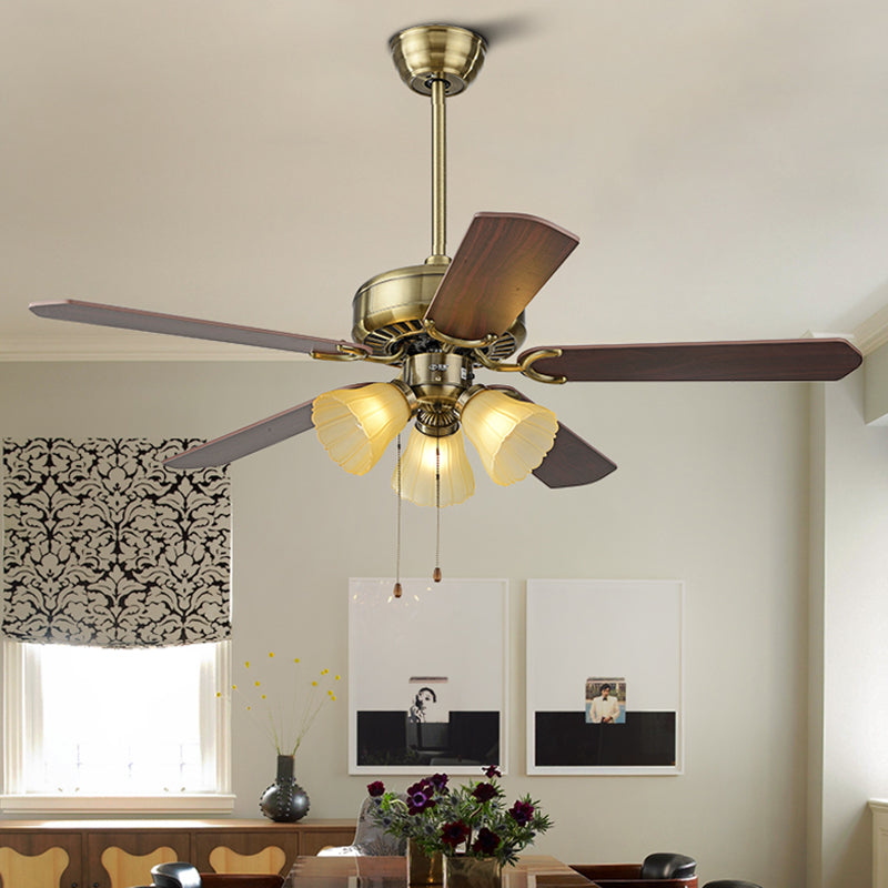 Metal Bell Ceiling Lamp Vintage Style 4 Lights Dining Room Semi Flush Lighting in Brass, Pull Chain/Remote Control/Wall Control Brass Clearhalo 'Ceiling Fans with Lights' 'Ceiling Fans' Lighting' 315630