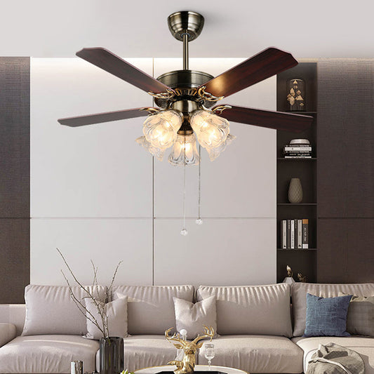 Traditional Petal Ceiling Fan Light 3/5 Lights Textured Glass Semi-Flush Light in Dark Brown for Living Room 5.0 Dark Brown Clearhalo 'Ceiling Fans with Lights' 'Ceiling Fans' Lighting' 315659