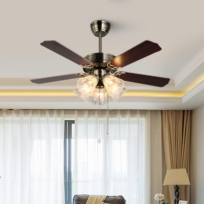 Traditional Petal Ceiling Fan Light 3/5 Lights Textured Glass Semi-Flush Light in Dark Brown for Living Room Clearhalo 'Ceiling Fans with Lights' 'Ceiling Fans' Lighting' 315660