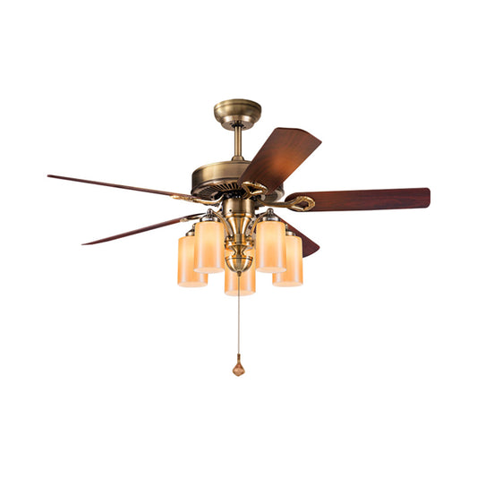 Brass Cylinder Ceiling Fan Light Classic Style Metal 5 Lights Living Room Semi Flush Mount Lighting Brass Clearhalo 'Ceiling Fans with Lights' 'Ceiling Fans' Lighting' 315668