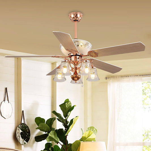 5 Lights Clear Glass Ceiling Fan Light Classic Rose Gold Bell Bedroom Semi Flush Mount Rose Gold Clearhalo 'Ceiling Fans with Lights' 'Ceiling Fans' Lighting' 315674