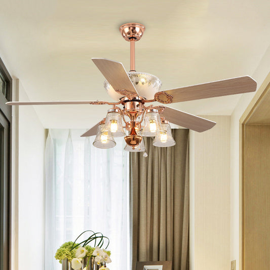 5 Lights Clear Glass Ceiling Fan Light Classic Rose Gold Bell Bedroom Semi Flush Mount Clearhalo 'Ceiling Fans with Lights' 'Ceiling Fans' Lighting' 315676