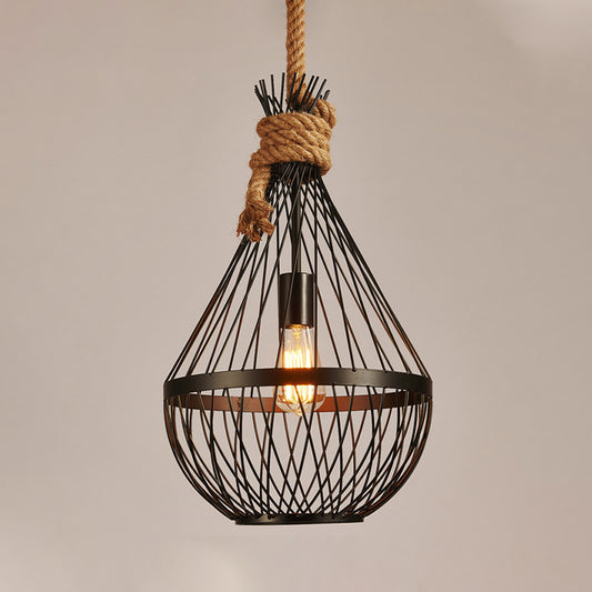 1 Head Teardrop Ceiling Lamp Countryside Black Finish Metal Restaurant Suspension Pendant Light with Rope Clearhalo 'Ceiling Lights' 'Pendant Lights' 'Pendants' Lighting' 315694