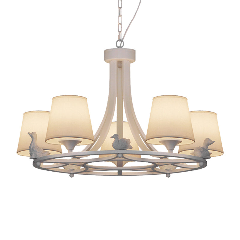 White 5 Heads Chandelier Lamp Rustic Fabric Cone Pendant Light Fixture with Duck Decoration for Living Room Clearhalo 'Ceiling Lights' 'Chandeliers' Lighting' options 315713