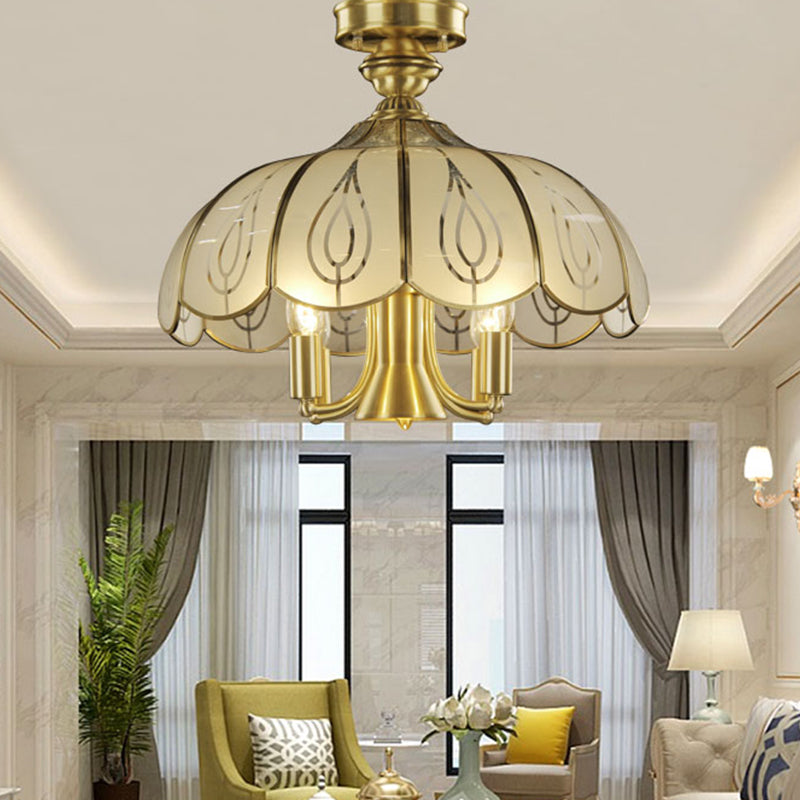 Colonial Scalloped Hanging Lighting 5 Bulbs Satin Opal Glass Semi Flush Mount Lamp in Brass for Living Room Brass Clearhalo 'Ceiling Lights' 'Chandeliers' 'Close To Ceiling Lights' 'Close to ceiling' 'Glass shade' 'Glass' 'Semi-flushmount' Lighting' 315731